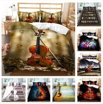 Постельное белье с рисунком инструмента, односпальная двуспальная кровать, полноразмерная наволочка с гитарным принтом и пододеяльник, 2 или 3 моющихся украшения дома для комнаты любителей музыки UK Single 135x200cm