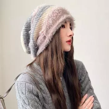 Постепенно меняющаяся плюшевая вязаная шапка женская осенне-зимняя теплая защитная шапка для ушей сладкая и милая атмосфера Интернет знаменитости шерстяная шапка M (56-58cm) Sequined Big Fur Collar Stacking Cap серый