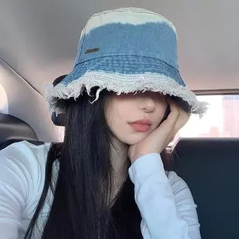 Постепенное изменение джинсовая шляпа-ведро женская осень и зима японская большая окружность головы ведро-таз шляпа солнцезащитный козырек солнцезащитный крем показать лицо маленькая шляпа прилив adjustable (55-58cm) светло-синий