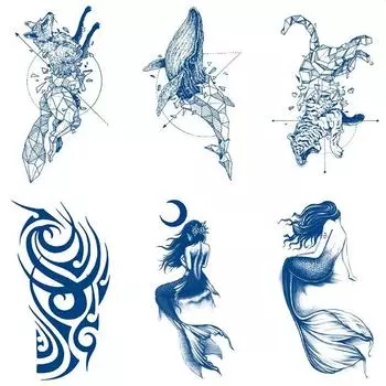Постепенное изменение геометрический травяной сок лиса кит русалка имитация татуировки наклейка, переводная наклейка на воду 11*18CM