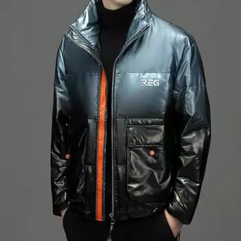 Постепенные изменения Синий глянцевый пуховик Мужская зимняя тенденция Мужская и женская одинаковая белая утиная пуховая утолщенная стойка воротник зимнее короткое пальто M