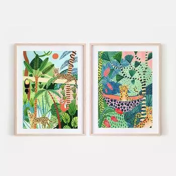 Постер Boho Jungle Sloth & Leopard Sloth Print Illustration SafariBotanical Print Nursery Living Room Nordic Wall Decor Picture 21x30cm No Framed