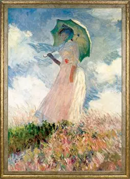 Постер Клода Моне с интерьерными обоями формата А3 в золотой раме (Женщина Зонтик)