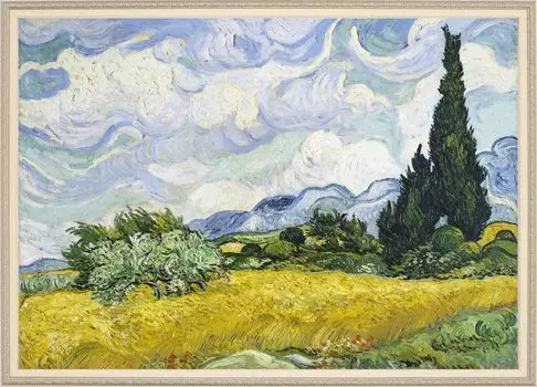 Постер Поле Ван Гога с интерьерными обоями формата А2 в белой золотой рамке (Пшеничные кипарисы)