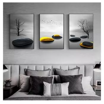 Постер с деревьями и птицами, скандинавский золотой камень, холст, картина, настенная художественная картина, декор для гостиной, современный минималистичный пейзаж, принты 21cm30cm NoFrame