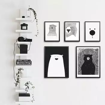 Постер с изображением белого медведя и животного, скандинавское искусство, холст, минималистичный принт, черно-белая настенная картина, современное украшение для дома, детской комнаты 21*30cm