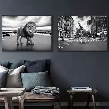 Постер с изображением животных, черный, белый цвет, городской пейзаж, художественный принт, скандинавская картина на холсте, современная настенная картина для гостиной, домашний декор 21x30cm No Framed