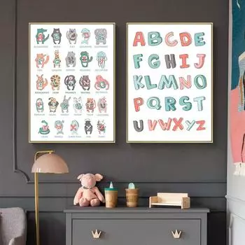 Постер с изображением животных из мультфильма, образовательный плакат с буквами ABC, холст, картина, настенная живопись для детской комнаты, картина с принтом для декора детской комнаты 21cm30cm NoFrame