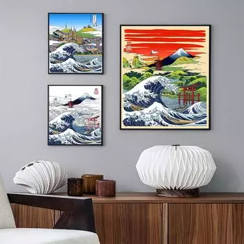 Постер «Великая волна Барселоны» Канагава Оки с принтом, холст, картина, абстрактная картина, японский винтажный настенный декор для спальни, домашний декор 21cm30cm NoFrame