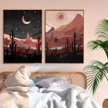 Постер в стиле бохо «День и ночь», Западный пейзаж пустыни, печать на холсте, настенная живопись, фотографии, кактус, интерьер гостиной, домашний декор 21x30cm No Framed