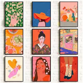 Постеры и принты с изображением скандинавской девушки, абстрактная настенная живопись, мультяшная красочная картина для декора стен гостиной 21x30cm No Framed