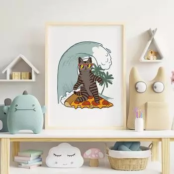 Постеры и принты с котами-серфингистами, настенное искусство с динозаврами, картины на холсте, пляжные картины для мальчиков, детская спальня, декоративная детская комната 21x30cm No Framed белый