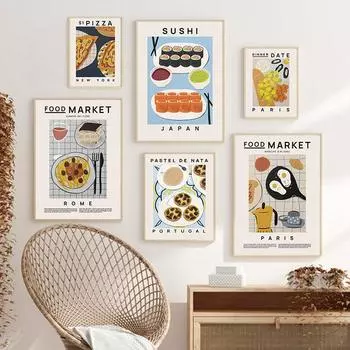 Постеры на скандинавскую тему и принты, лапша рамэн, тако, пицца, суши, настенная живопись на холсте, картины для кухни, столовой, домашний декор A4 21x30cm No Frame
