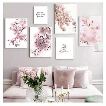 Постеры на скандинавскую тему и принты, настенная живопись на холсте, настенные панно для гостиной, домашний декор, цветы вишни, розовый цветок, цитаты 21cm30cm NoFrame