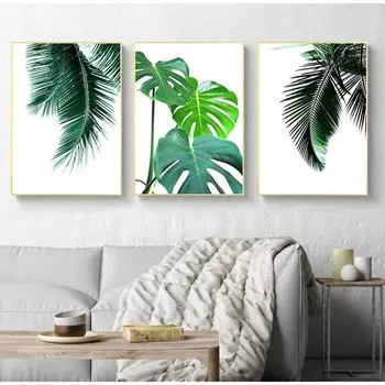 Постеры на скандинавскую тему и принты, настенная художественная картина, украшение для дома, свежий зеленый кактус, большие тропические листья, холст, живопись, растения 21x30cm No Frame