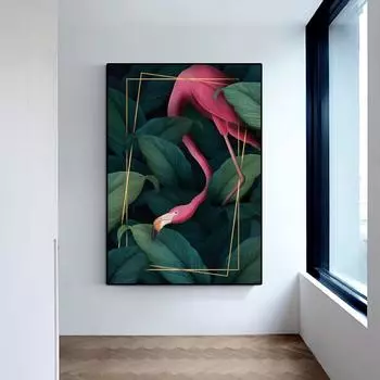 Постеры на скандинавскую тему и принты, розовый фламинго, зеленые листья, холст, картина, настенная живопись, фотографии животных для гостиной, домашний декор 21cm30cm NoFrame