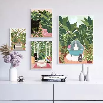 Постеры с мультяшным черным котом и растениями, скандинавская настенная живопись на холсте, уличная ванна, принты, забавные картинки для ванной комнаты, домашний декор без рамки 21*30cm
