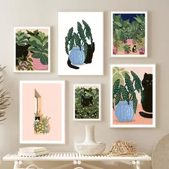 Постеры с мультяшным черным котом и растениями, скандинавское настенное искусство, холст, живопись, уличные принты для ванны, забавные картинки для ванной комнаты, домашний декор 21x30cm No Framed