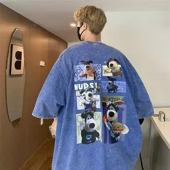 Постиранная футболка с короткими рукавами, мужская летняя футболка в стиле хип-хоп, хулиган, красивый уличный хип-хоп, рукав три четверти, половина рукава 2XL света кофе