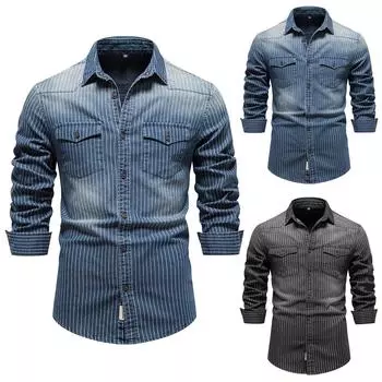 Постиранная и изношенная тяжелая промышленность полосатая джинсовая рубашка для мужской джинсовой рубашки с длинными рукавами XXL чёрный