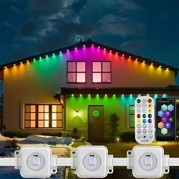 Постоянное уличное освещение, 50-футовые/100-футовые интеллектуальные уличные светодиодные светильники RGBIC, функция синхронизации, синхронизированные с музыкой огни для вечеринок, управление через приложение для декораций, 49.2FT-30 lamp