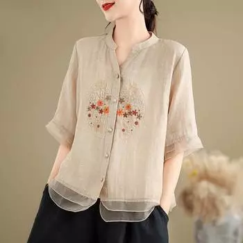 Поступление Женская летняя повседневная рубашка с V-образным вырезом и цветочной вышивкой, свободные рубашки с коротким рукавом XXL бежевый