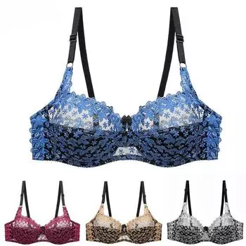 Поступления Женский бюстгальтер кружевное ажурное нижнее белье Женское вышитое нижнее белье большого размера с чашкой CD 75C синий