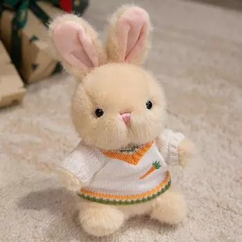 Posture Sitting Cute Rabbit Sweater Lace Skirt Simulated Pearl Decor Doll Plush Carrot Beige