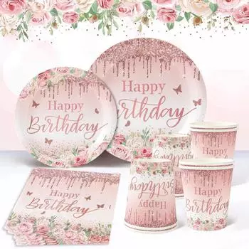 Посуда для дня рождения 30 50-летие Розовое золото Цветочные украшения для вечеринки Одноразовые бумажные тарелки Салфетки Товары для вечеринки по случаю дня рождения для девочек