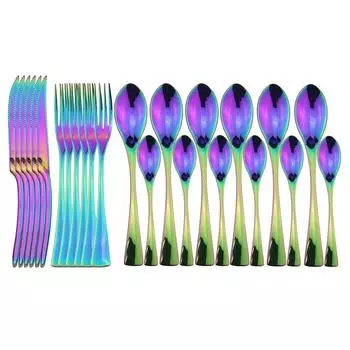 Посуда для еды, 24 шт., разноцветная столовая посуда, набор столовых приборов из нержавеющей стали 18/10, нож для стейка, вилка, ложка, чайная ложка, набор столовых приборов