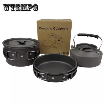 Посуда для кемпинга на 2-3 человека, кастрюли, набор сковород + чайник