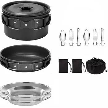 Посуда для кемпинга на 2-3 человека, Посуда для кемпинга на открытом воздухе, Портативный комбинированный набор посуды, Посуда для кемпинга чёрный