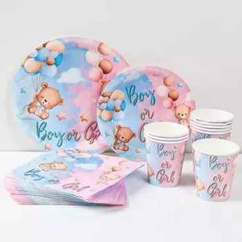Посуда для определения пола ребенка Розовый Синий Медведь Одноразовая посуда Набор Тарелки Чашки Товары для вечеринок для мальчиков или девочек Декорации для вечеринок Baby Shower