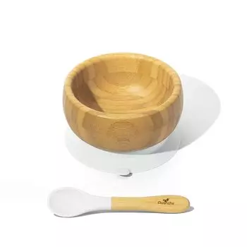 Посуда для столовых приборов Avanchy Bamboo, детская миска с присоской и ложкой, белая, не опрокидывающаяся, подарок/подарок белый