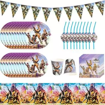 Посуда для видеоигр, включая тарелки, салфетки, чашки, скатерть, вымпел, соломинки