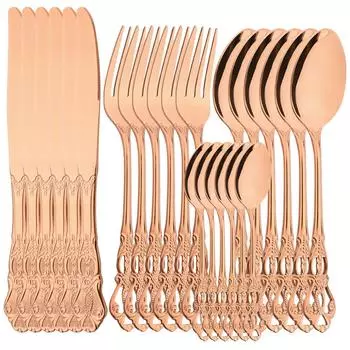 Посуда из нержавеющей стали, 24 шт., набор столовой посуды из розового золота, роскошный винтажный набор столовых приборов, высококачественный нож, вилка, ложка, набор столовых приборов серебряный