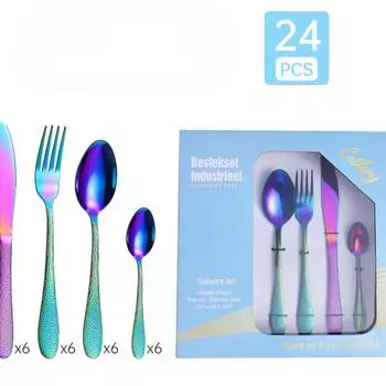 Посуда из нержавеющей стали. Кубик воды. Четыре основных предмета. Нож для стейка, вилка и ложка. Костюм из 24 предметов.