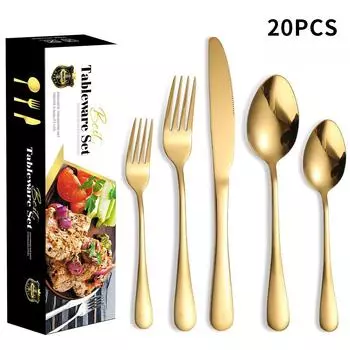 Посуда из нержавеющей стали. Нож, вилка и ложка для стейка. Пять основных предметов. Посуда из нержавеющей стали. Костюм из 20 предметов.