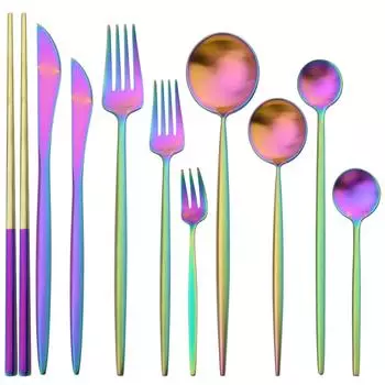 Посуда из нержавеющей стали с круглой ручкой, многоцветный набор столовых приборов, нож, десертная вилка, кофейная ложка, набор посуды, кухонные столовые приборы