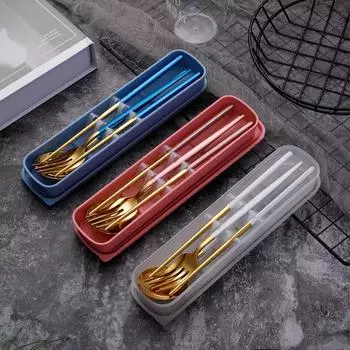 Посуда из нержавеющей стали. Удобная студенческая ложка, вилка, палочки для еды, подарочный набор из трех предметов. 3set серебряный