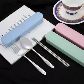 Посуда, столовые приборы, вилка из нержавеющей стали, стальная туристическая вилка с ложкой, палочками для еды, коробка зелёный