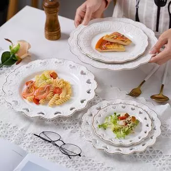 Посуда в европейском стиле с тиснением и золотыми краями Керамическая посуда для дома Посуда в западном стиле Десертные тарелки Набор украшений Тарелка