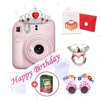 [Посылка на день рождения] Instax Mini 12, подарок на день рождения, полный комплект: корона + плечевой ремень + открытка + солнцезащитные очки + комплект воздушных шаров