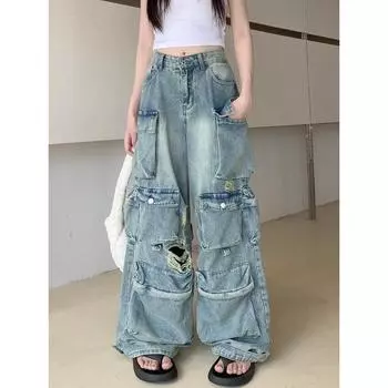 Потертая и потертая рабочая одежда в американском стиле. Джинсы. Женские уличные прямые свободные широкие брюки. Трендовые длинные брюки. 2XL синий