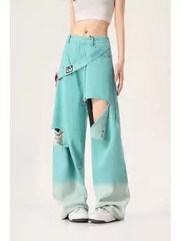 Потертые джинсы для женщин в допамине с завышенной талией, свободные и прямые повседневные широкие брюки L озеро синий