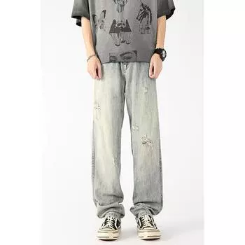 Потертые джинсы в американском стиле, свободные прямые брюки широкого кроя, летние брюки свободного кроя Ice Silk, модный бренд M
