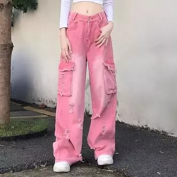 Потертые потертые джинсы, женские весенние милые крутые прямые рабочие брюки для горячих девушек, свободные рваные брюки L розовый
