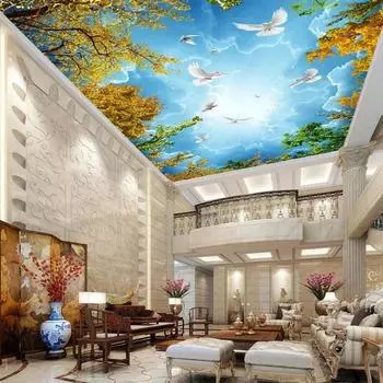 Потолочные обои 3D Голубое небо Облака Дерево Узор Потолок Фреска Гостиная Спальня Отель Природный ландшафт Фрески 200 cm(W) x 140 cm(H)