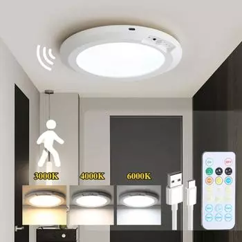 Потолочный светильник с датчиком движения и пультом дистанционного управления, 3 цветовых температуры, регулируемая яркость, простая в установке магнитная беспроводная потолочная лампа белый