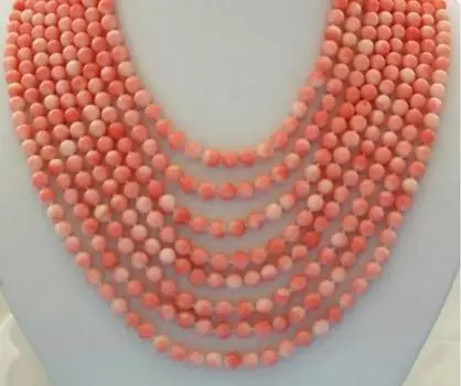 Потрясающее круглое колье из 8 рядов диаметром 6 мм из грубого розового коралла